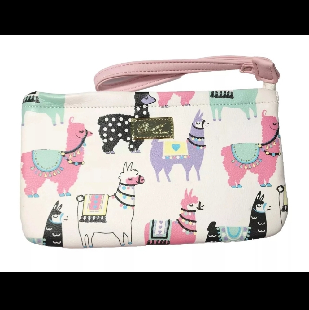 Betsey Johnson Llama Alpaca Wristlet Purse Double Pocket White Pink Faux Leather